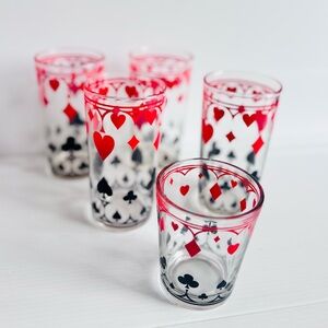 Vintage Playing Card Glasses Hearts Spades Set of 5